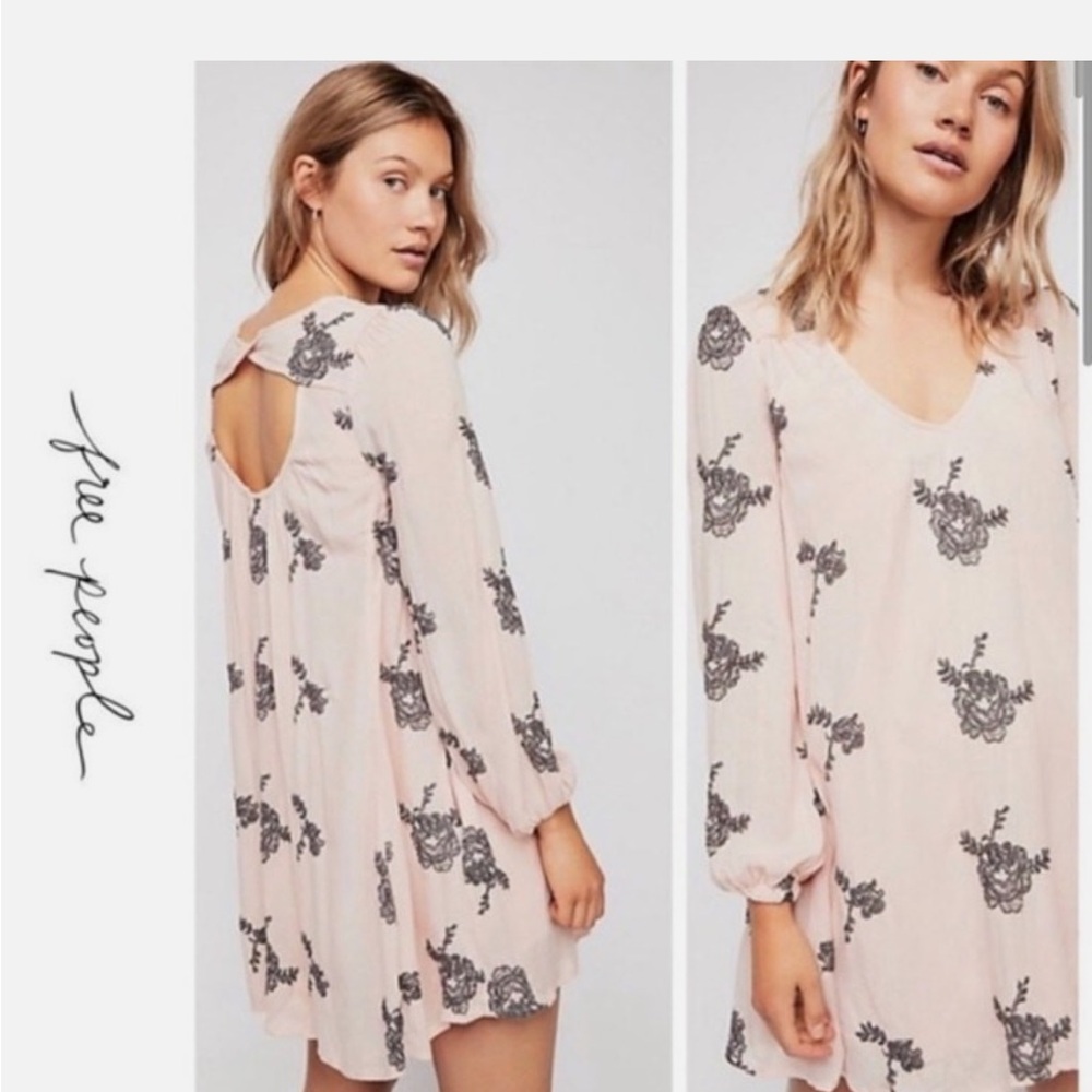 Free People Emma Pink and Gray Floral Long Sleeve Dress